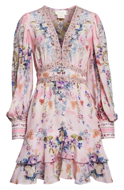 Palatial Pastels Crystal Embellished Long Sleeve Silk Dress