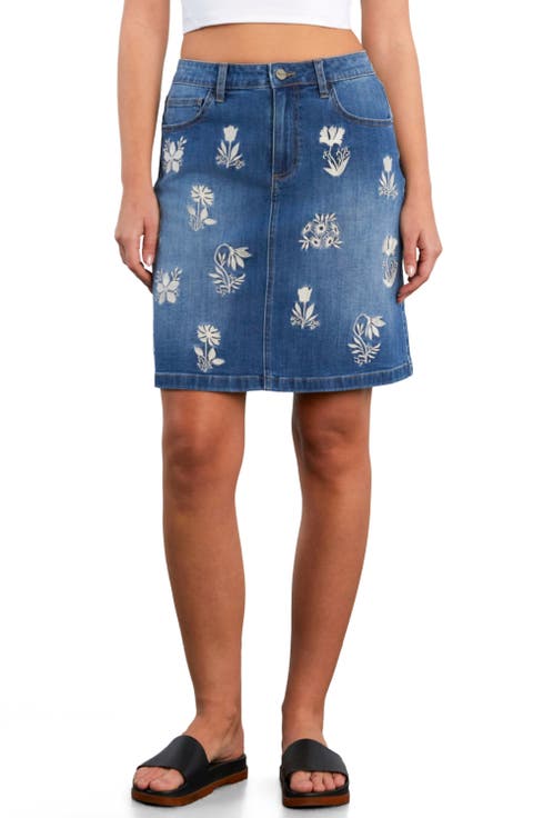 Wildflower Floral Embroidered Denim Skirt