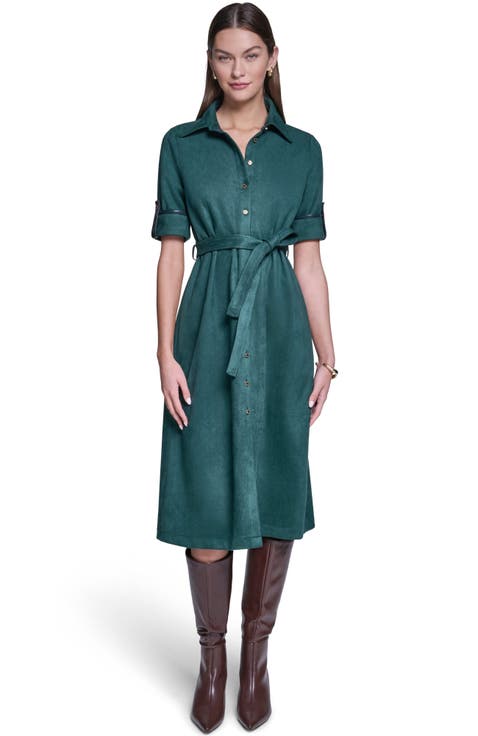 Short Sleeve Suede Midi Shirt Dress
