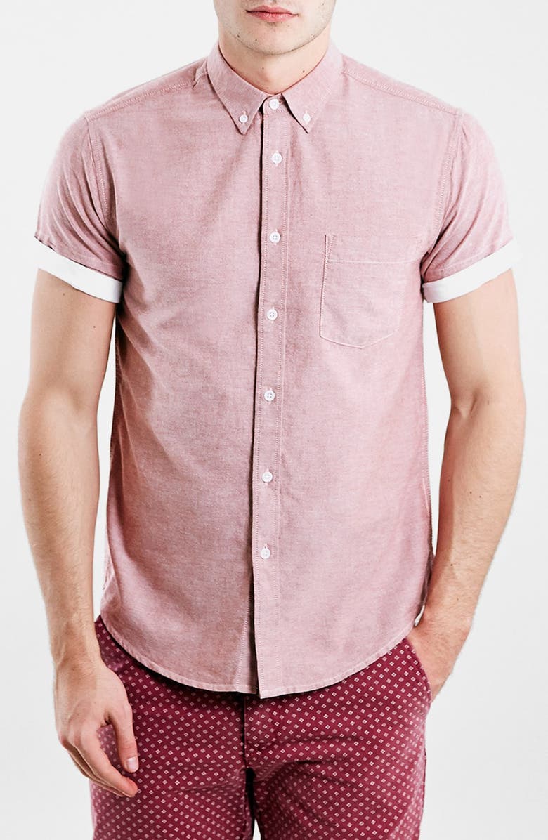 Topman Slim Fit Contrast Cuff Short Sleeve Oxford Shirt, Main, color,