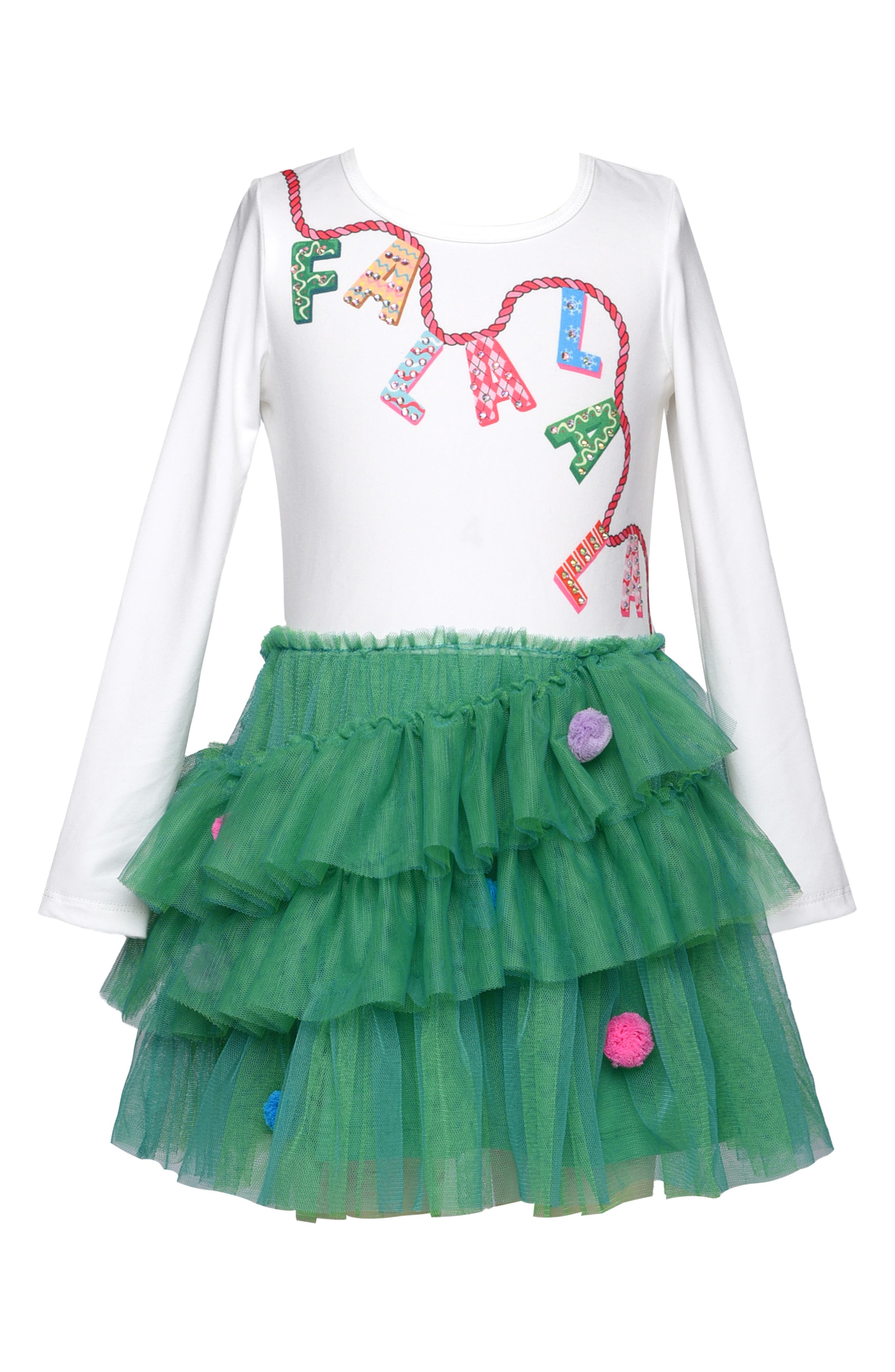 Truly Me Kids' Falala Long Sleeve Tiered Tutu Dress in Green/Ivory Multi 