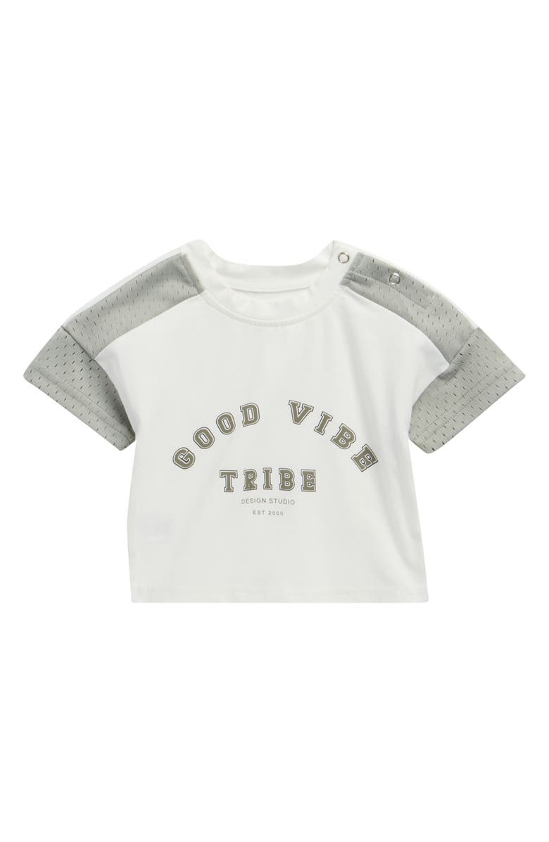 TINY TRIBE Colorblock Stretch Cotton Mesh T-Shirt, Main, color, White Multi