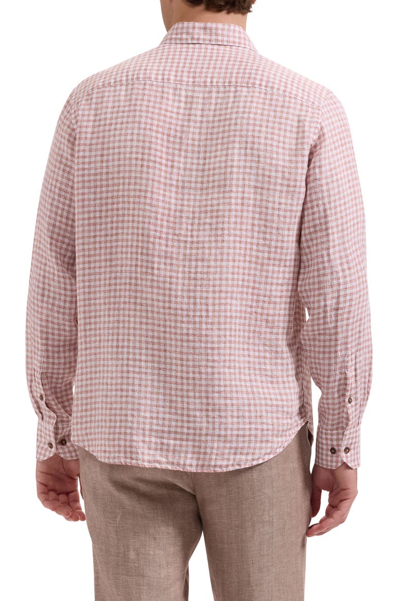Karl Shaped Fit Gingham Check Linen Button-Up Shirt, Alternate, color, BRICK