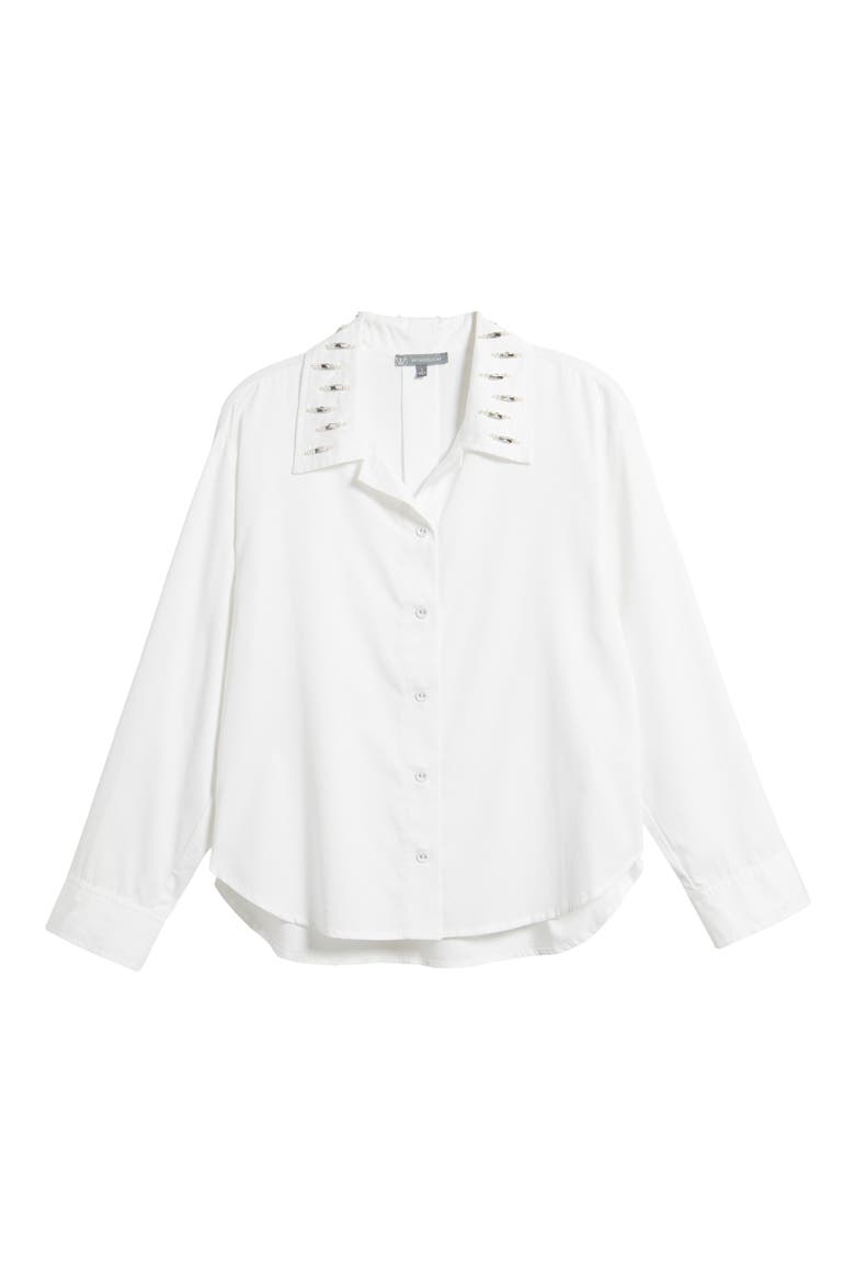 Beaded Collar Cotton Blend Button-Up Shirt, Alternate, color, OFF WHITE