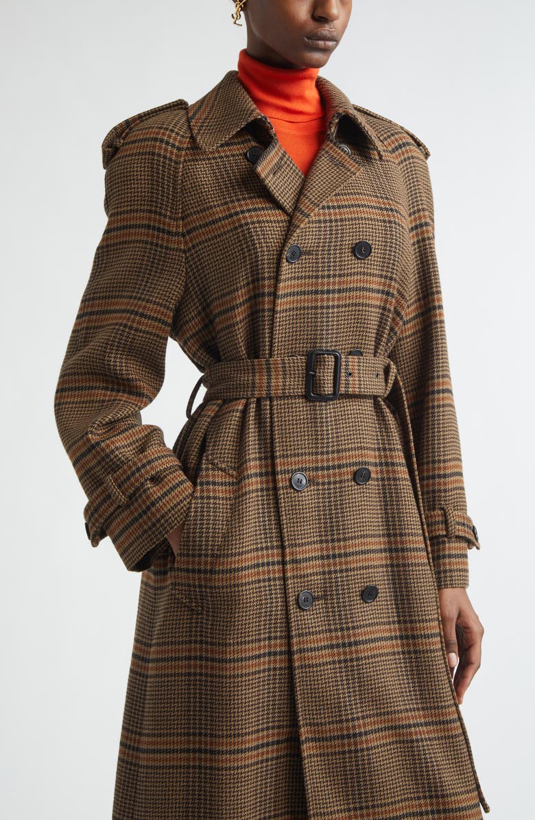 Saint Laurent Prince of Wales Wool Trench Coat, Alternate, color, Marron/ Beige/ Roux