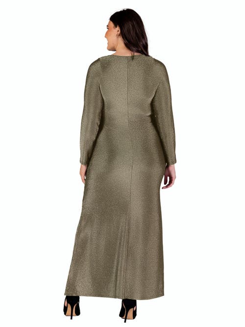 24seven Comfort Apparel Long Sleeve Scoop Neck Shimmery Fabric Maxi Dress In Gold