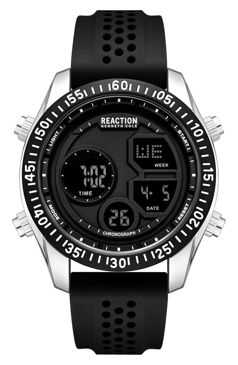 Kenneth Cole Reaction Digital Display Silicone Strap Watch, 45.2mm, Main, color, Black