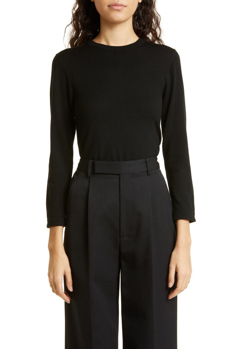 Houndstooth Trim Stretch Wool Sweater, Alternate, color, BLACK