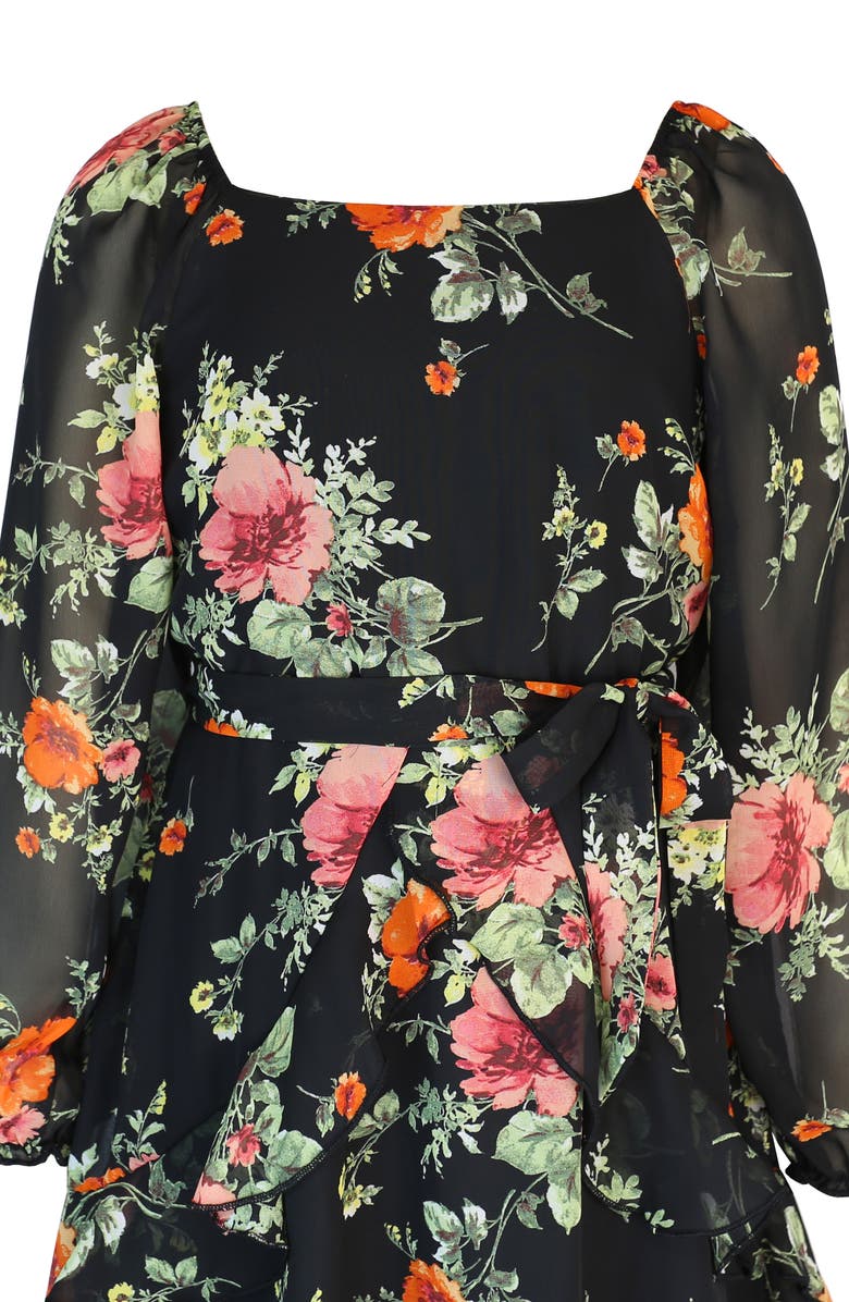 Zunie Kids' Floral Chiffon Dress, Alternate, color, Black/ Rose/ Orange