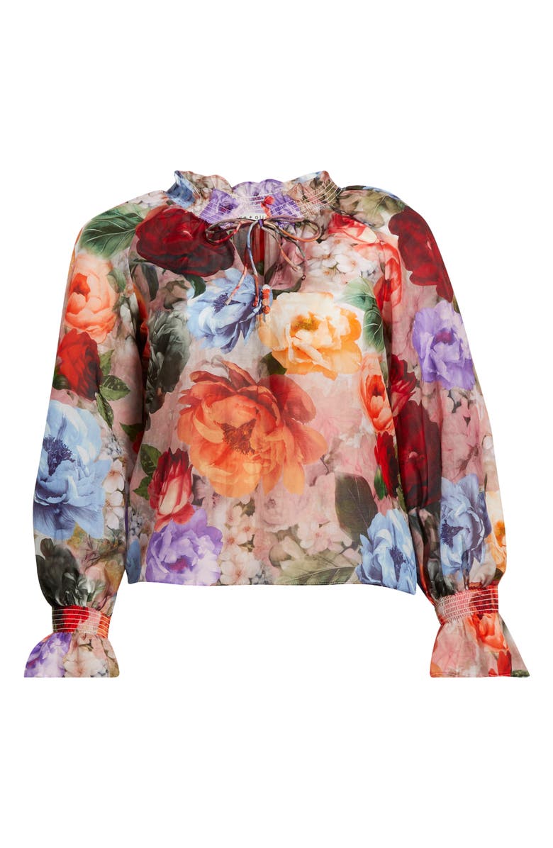 Alice + Olivia Norah Ruffle Cotton & Silk Peasant Top, Alternate, color, Storm Floral