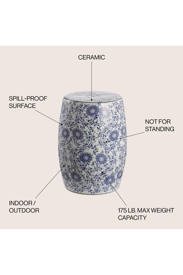 Lotus Blossom Traditional Floral Chinoiserie Ceramic Drum Garden Stool, Pierced Indoor/Outdoor Patio Seat & Side Table, Alternate, color, Blue/White