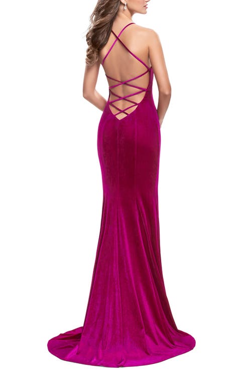 La Femme Strapless Velvet Mermaid Dress With Strappy Back In Fuchsia