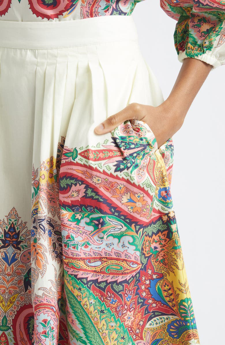 Etro Paisley Pleated Cotton Voile Midi Skirt, Alternate, color, Print On White Base