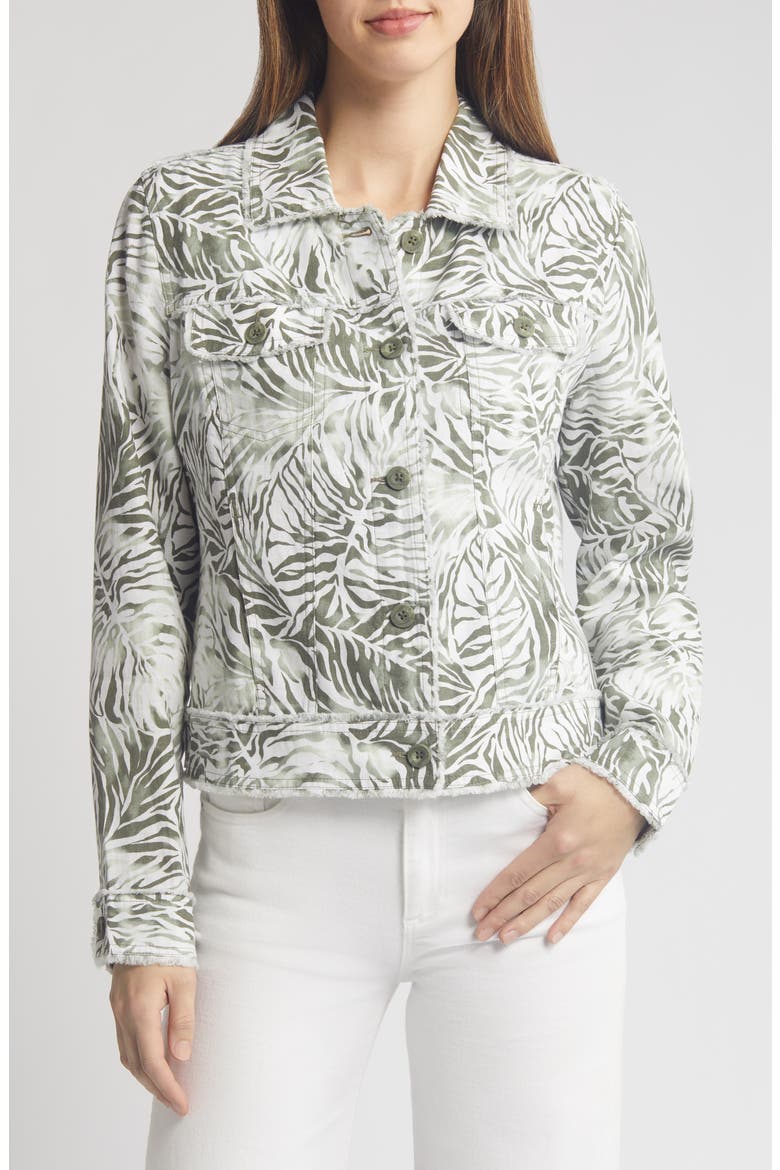 Monstera Mirage Linen Trucker Jacket, Alternate, color, TEA LEAF