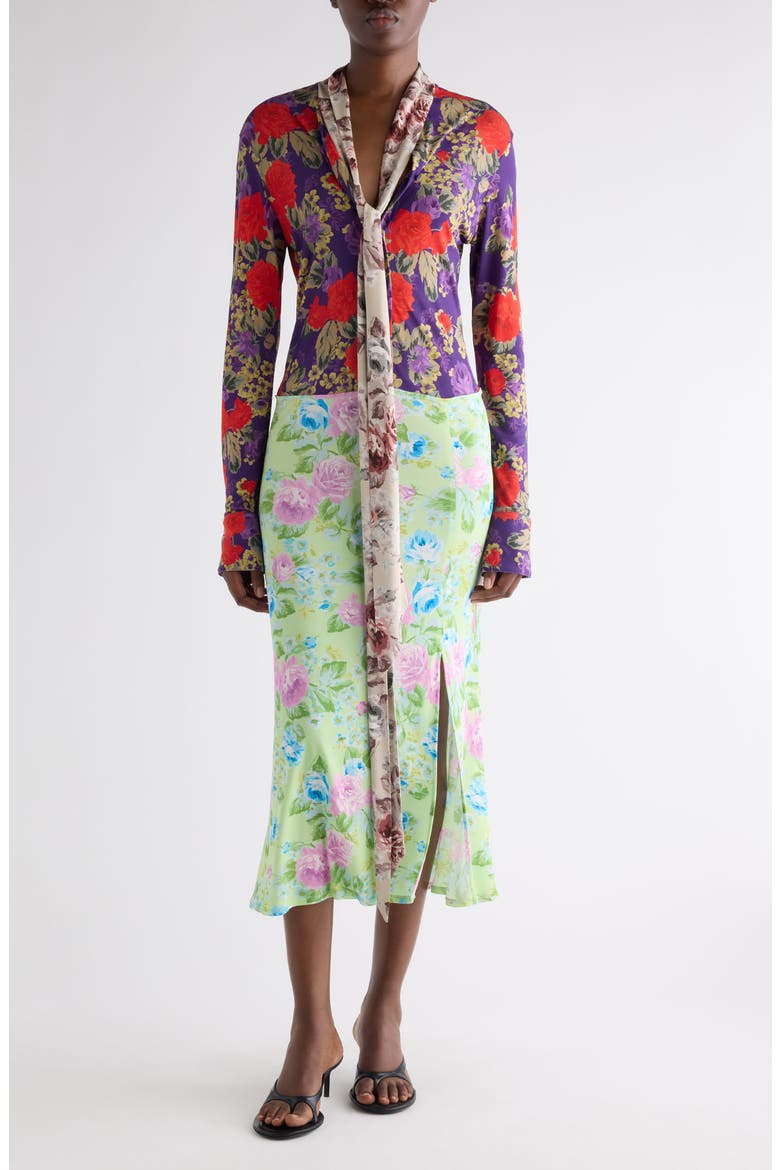 Mixed Floral Long Sleeve Midi Dress, Main, color, PURPLE/ GREEN