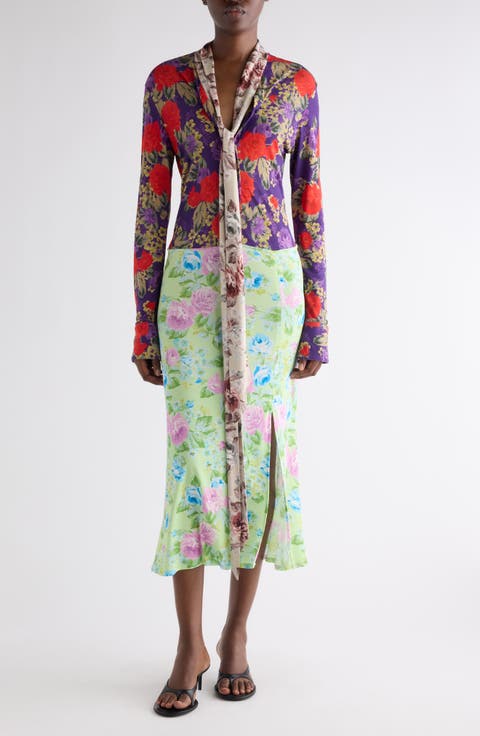 Mixed Floral Long Sleeve Midi Dress