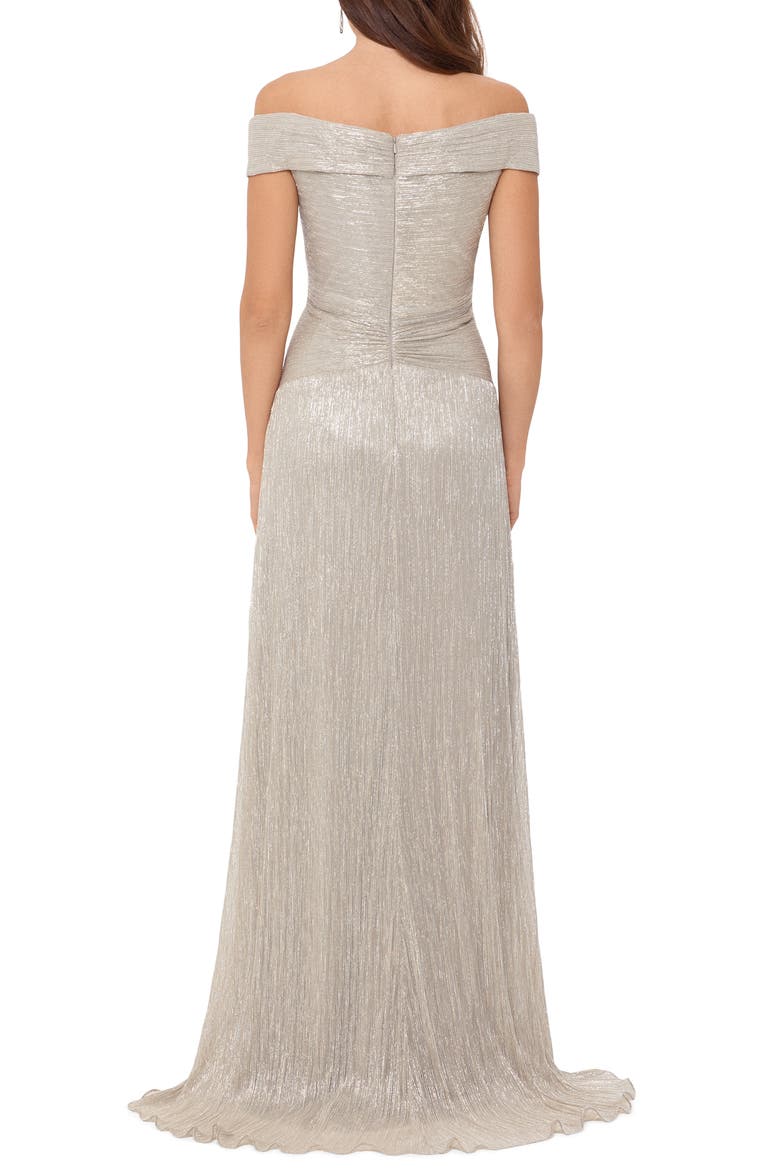 Xscape Metallic Plissé Off the Shoulder Gown, Alternate, color, GOLD/ SILVER