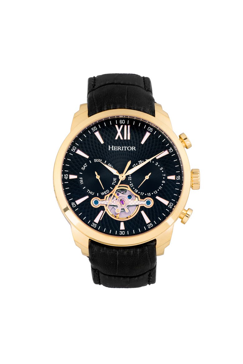Arthur Semi-Skeleton Leather-Band Watch w/ Day/Date, Main, color, Gold/Black