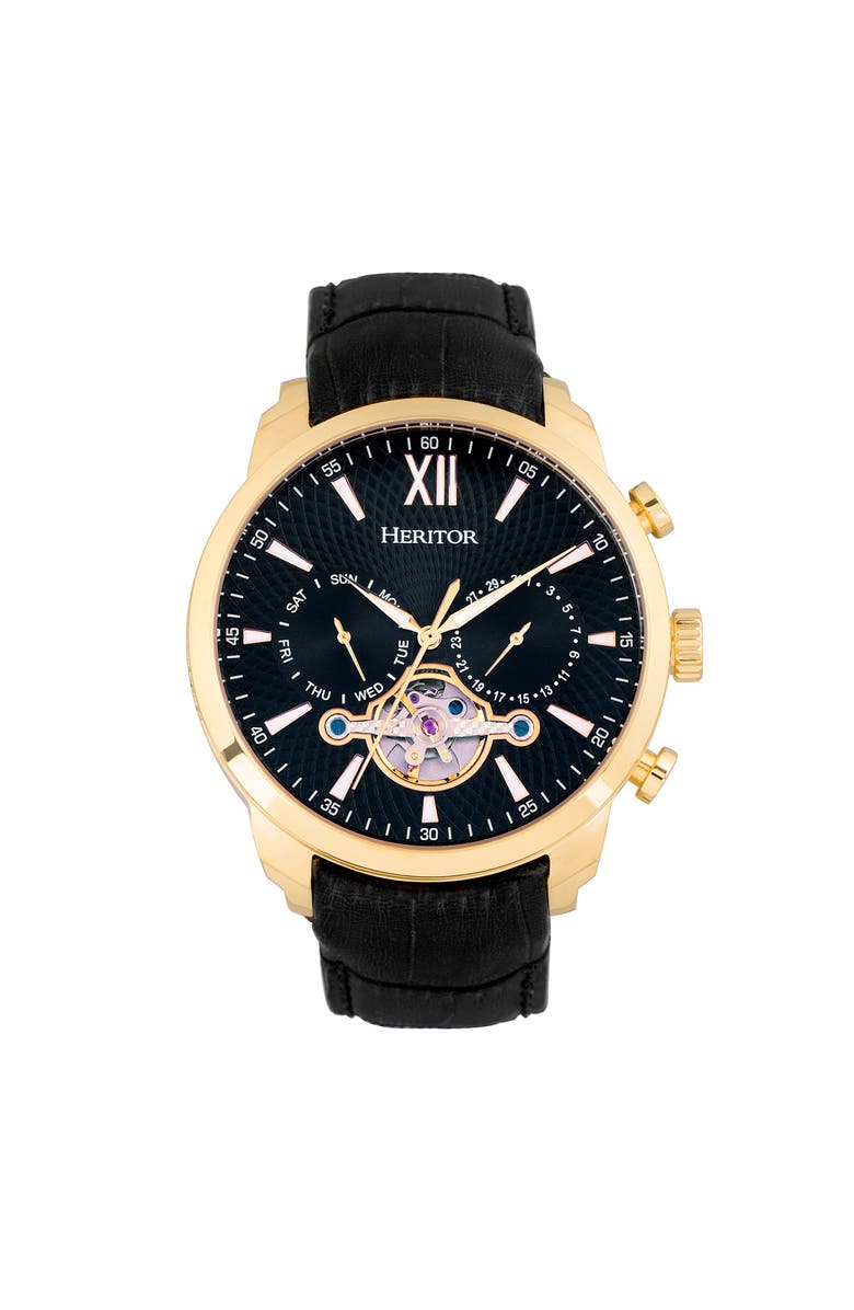 Heritor Automatic Arthur Semi-Skeleton Leather-Band Watch w/ Day/Date, Main, color, Gold/Black