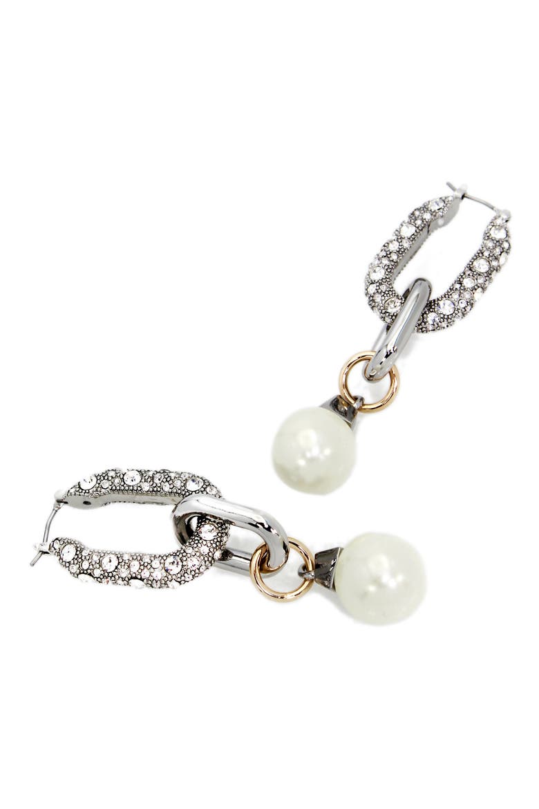 Pavé Crystal Faux Pearl Link Drop Hoop Earrings, Alternate, color, RHODIUM