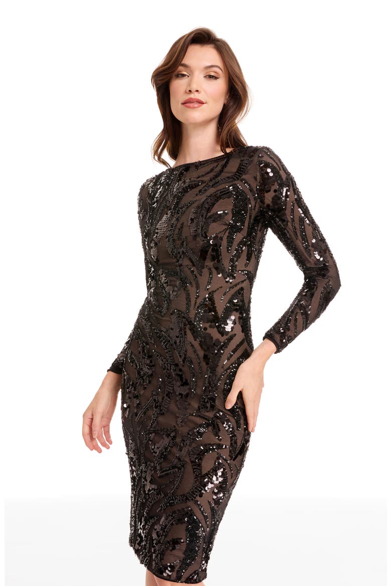 Emmalyn Sequin Detail Long Sleeve Cocktail Midi Dress, Alternate, color, BLACK/ BEIGE