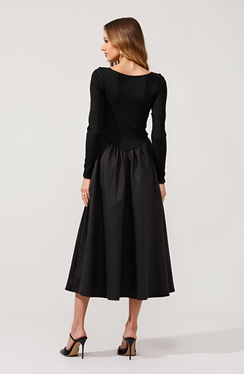 Modenaire Ribbed Maxi Dress with Boat Neck, V-Peaked Waist and Contrast Details, Alternate, color, 