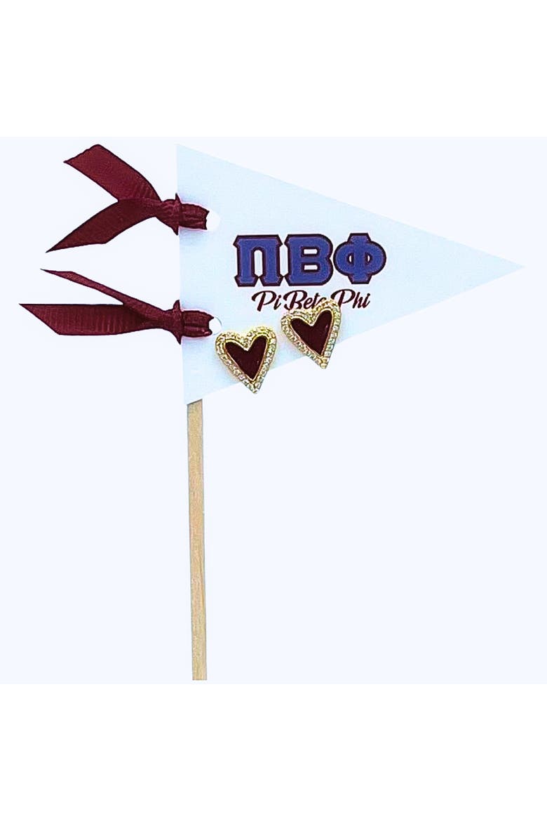 Pi Beta Phi Heart Stud Enamel Earrings on Sorority Pennant Flag, Main, color, Yellow Gold