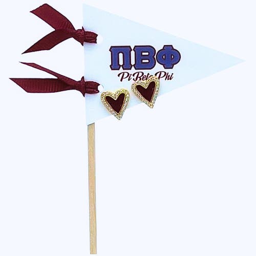 Color Shout Pi Beta Phi Heart Stud Enamel Earrings On Sorority Pennant Flag In Burgundy