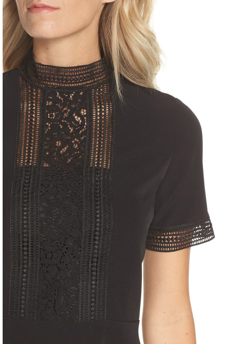 Lace Inset Fit & Flare Crepe Dress, Alternate, color, BLACK