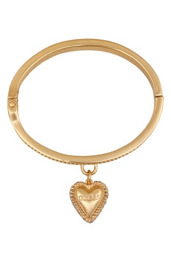 Guess Gold-tone Heart Charm Bangle Bracelet In Gold