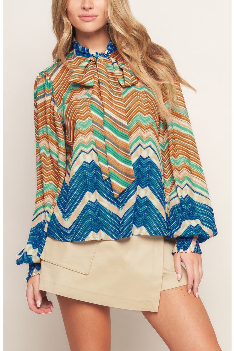 Tie Neck Long Sleeve Top, Alternate, color, TURQUOISE BLUE
