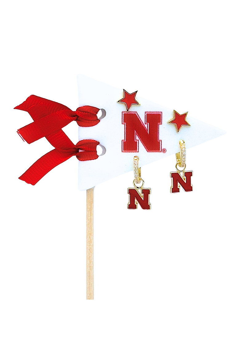 University Of Nebraska Pennant Pair Earring Set, Main, color, Yellow Gold