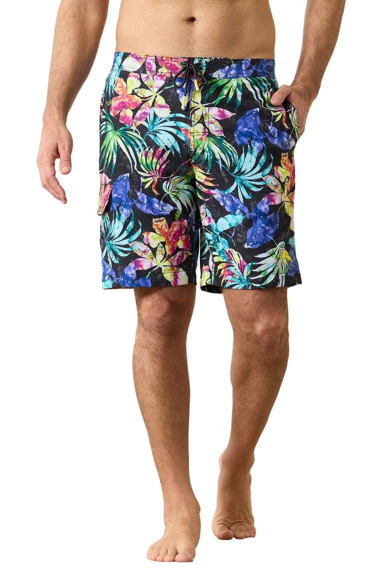 Baja Hasta La Fuego Floral Swim Trunks, Main, color, BLACK