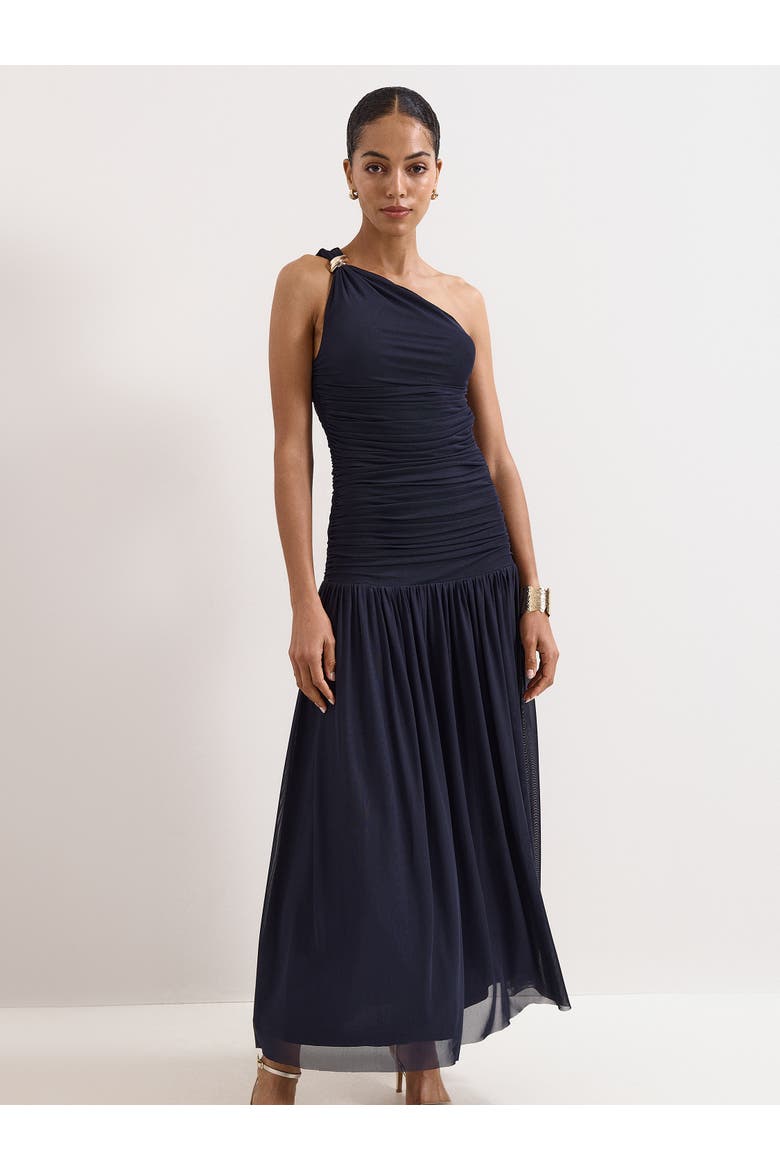 Melina Ruched Midi Dress, Alternate, color, Navy