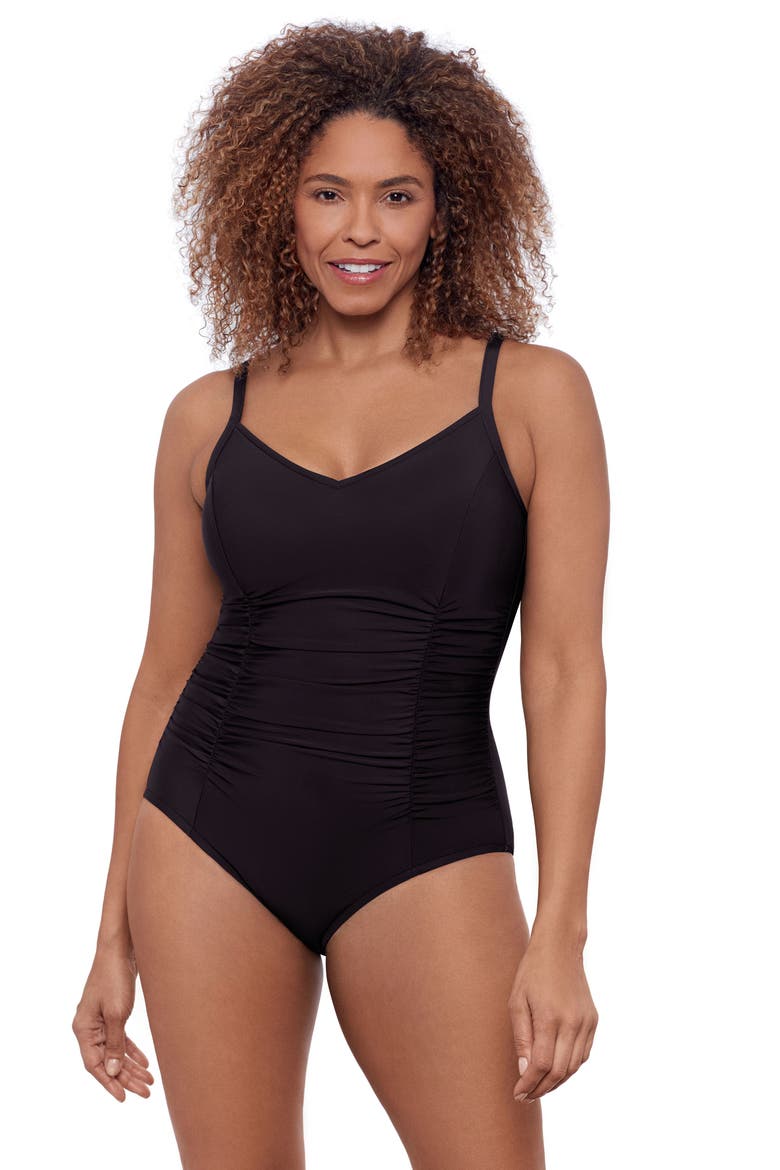Princess Seam V-Neck Side Shirred Adjustable One-Piece Swimsuit, Main, color, Black
