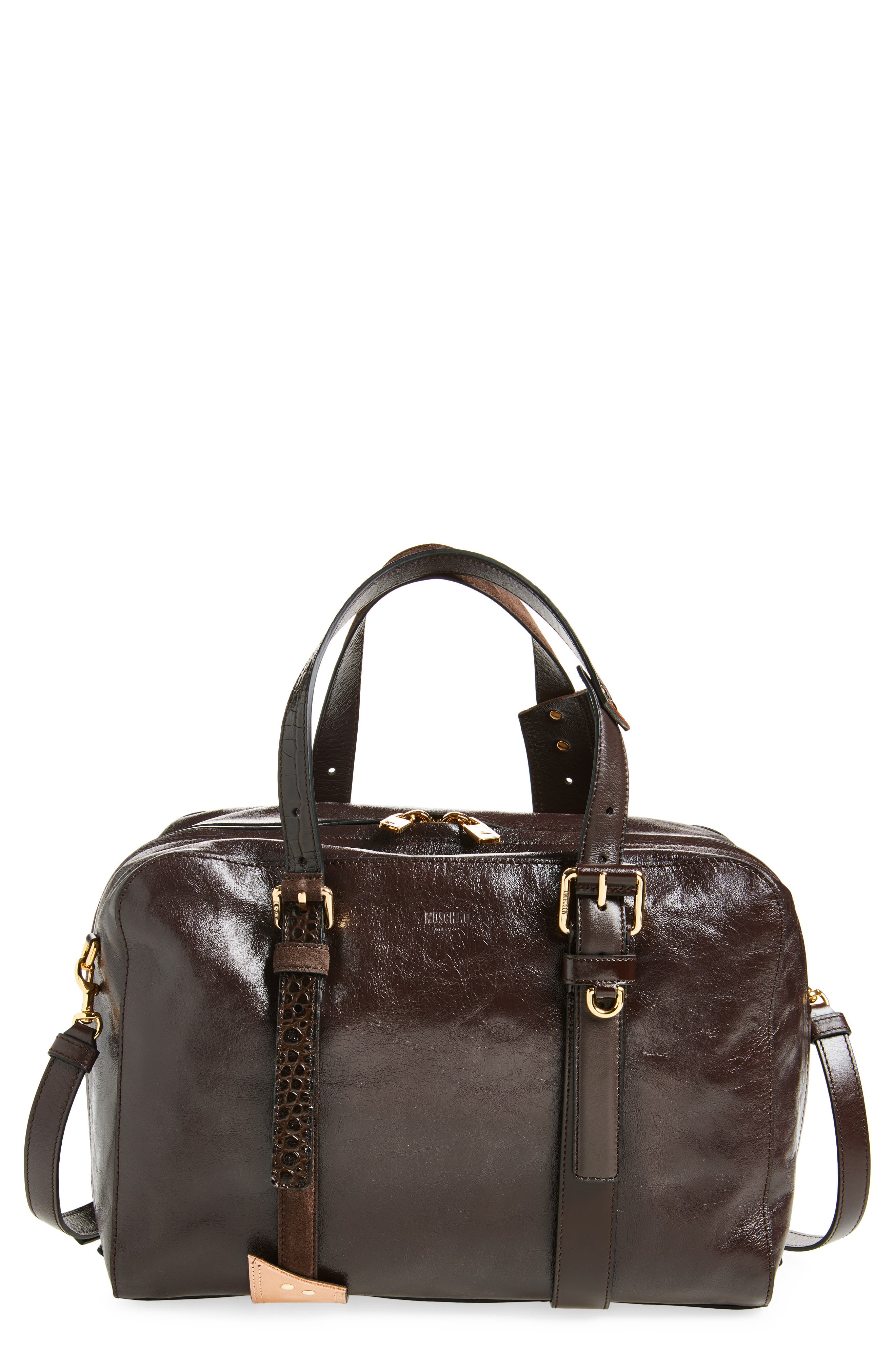 Moschino Leather Top Handle Bowling Bag, Main, color, Dark Brown