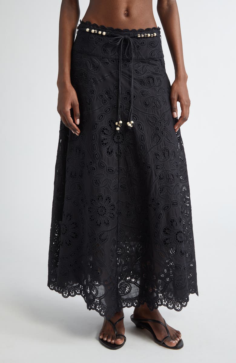 Zimmermann Rhiannon Guipure Lace Trim Cotton Maxi Skirt, Main, color, Black