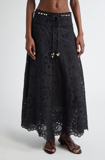 Zimmermann Rhiannon Guipure Lace Trim Cotton Maxi Skirt