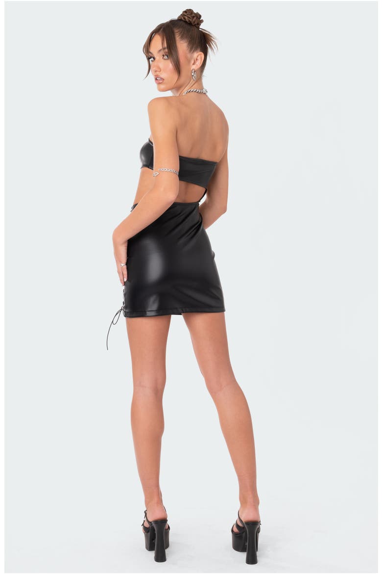 Side Lace-Up Strapless Faux Leather Dress, Alternate, color, BLACK