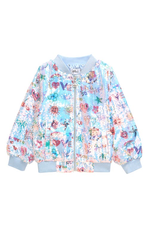 Lola & the Boys Kids' Good Vibes Sequin Bomber Jacket in Blue Multi 