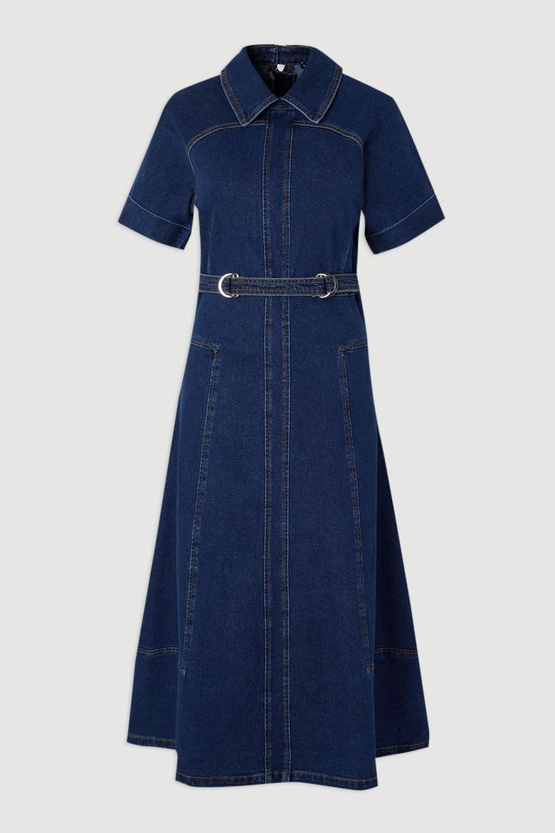 Petite Stretch Denim Tab Belt Midi Dress, Alternate, color, Mid Wash