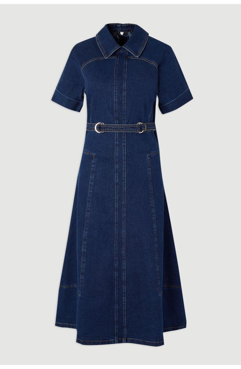 Karen Millen Petite Stretch Denim Tab Belt Midi Dress, Alternate, color, Mid Wash