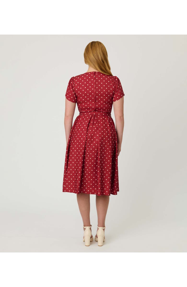 Unique Vintage Short Petal Sleeve Tie Neck Dahlia Swing Dress, Alternate, color, Red & Ivory Dot