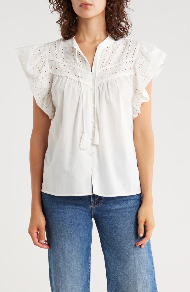 Muse Tie Neck Ruffle Sleeve Top, Main, color, White