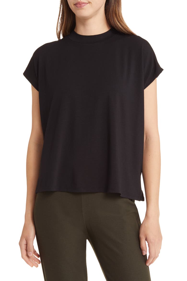 Mock Neck Cap Sleeve T-Shirt, Main, color, BLACK