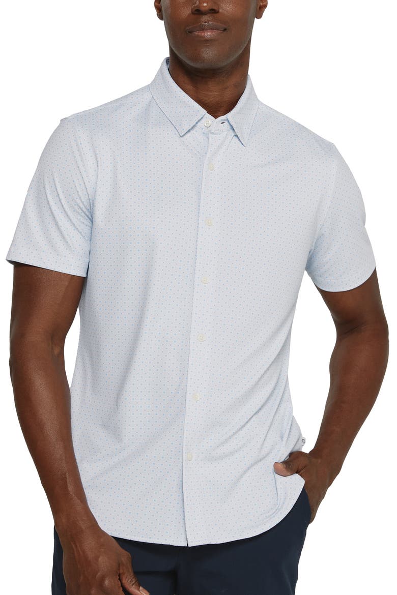 Cassian Geometric Print Short Sleeve Performance Button-Up Shirt, Main, color, LIGHT BLUE