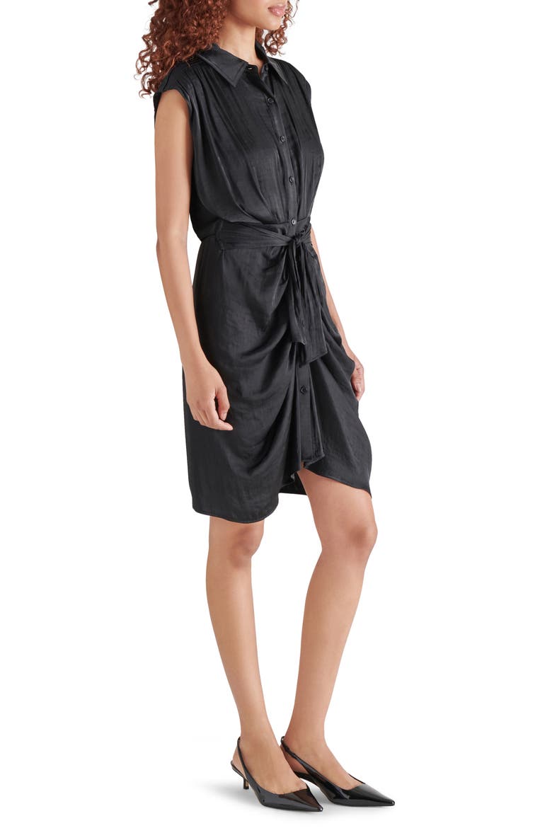 Toria Tie Front Washed Satin Shirtdress, Alternate, color, BLACK