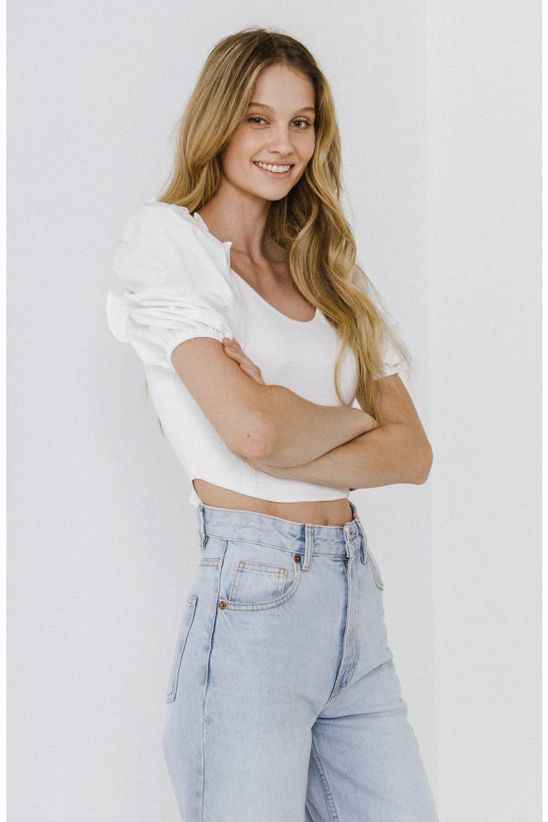 Mixed Media Crop Puff Sleeve Top, Alternate, color, OFF WHITE