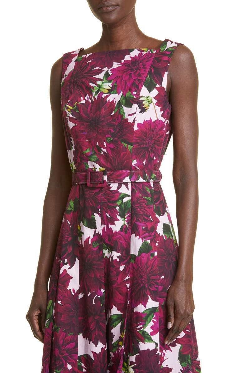 Oscar de la Renta Dahlia Print Stretch Cotton Poplin Belted Dress, Alternate, color, 