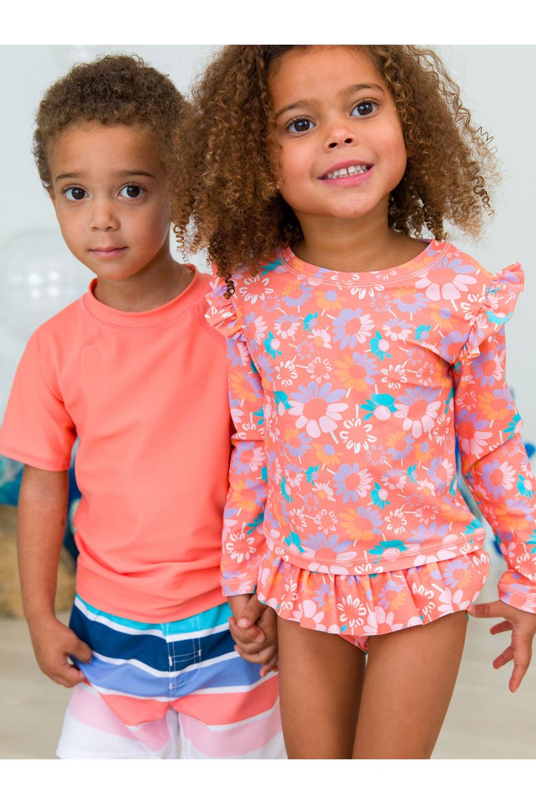 UPF50 Sun Protected Skirted Flutter Long Sleeve Rash Guard Bikini, Alternate, color, Coral Floral